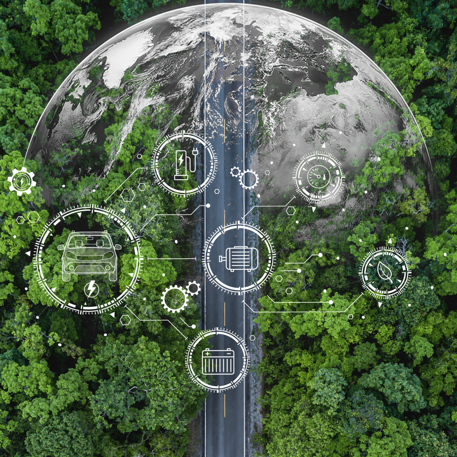 b2-ride-Electric vehicle car going through forest, EV electrical energy